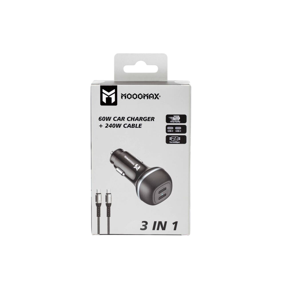 باكج 3 في 1 من موج ماكس مكون من شاحن سيارة بقوة 60 واط وبمنفذين PD مع توصيلة تايب سي الي تايب سي فائق السرعة بقدرة 240 واط، أسود - MX21