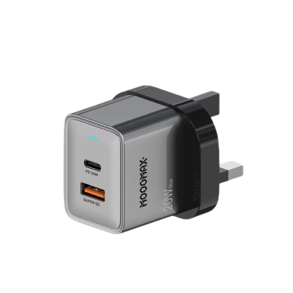 شاحن جداري موج ماكس بقوة 20 واط، مزود بمنفذين شحن USB-C PD + USB-A QC بتصميم مدمج وحماية ذكية، اسود - MX106