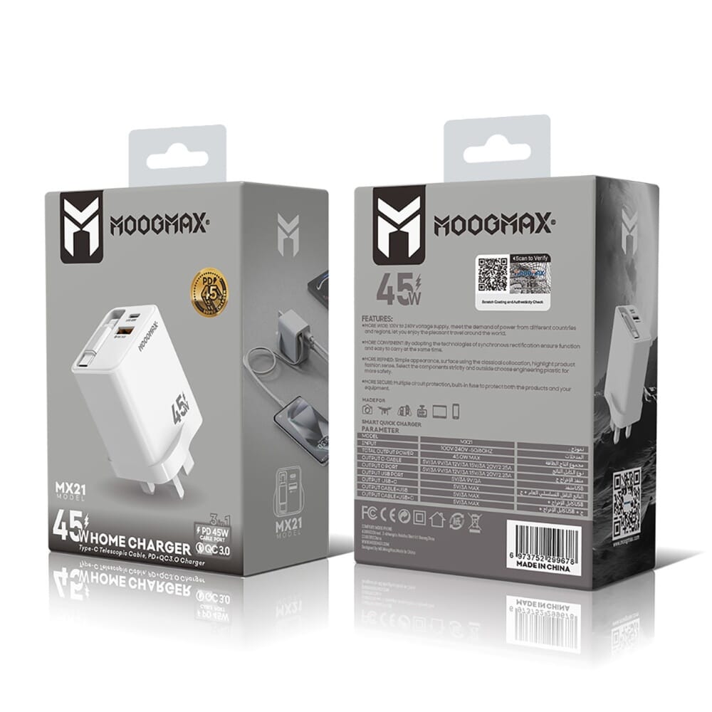 شاحن جداري 3 في 1 من موج ماكس بقوة 45 واط، مزود بمنفذين USB-A + USB-C ومدمج بتوصيلة تايب سي، يدعم الشحن السريع PD + QC، أبيض - MX-21