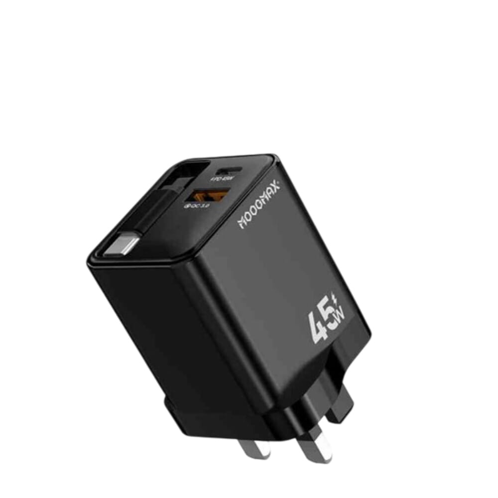 شاحن جداري 3 في 1 من موج ماكس بقوة 45 واط، مزود بمنفذين USB-A + USB-C ومدمج بتوصيلة تايب سي، يدعم الشحن السريع PD + QC، أسود - MX-21