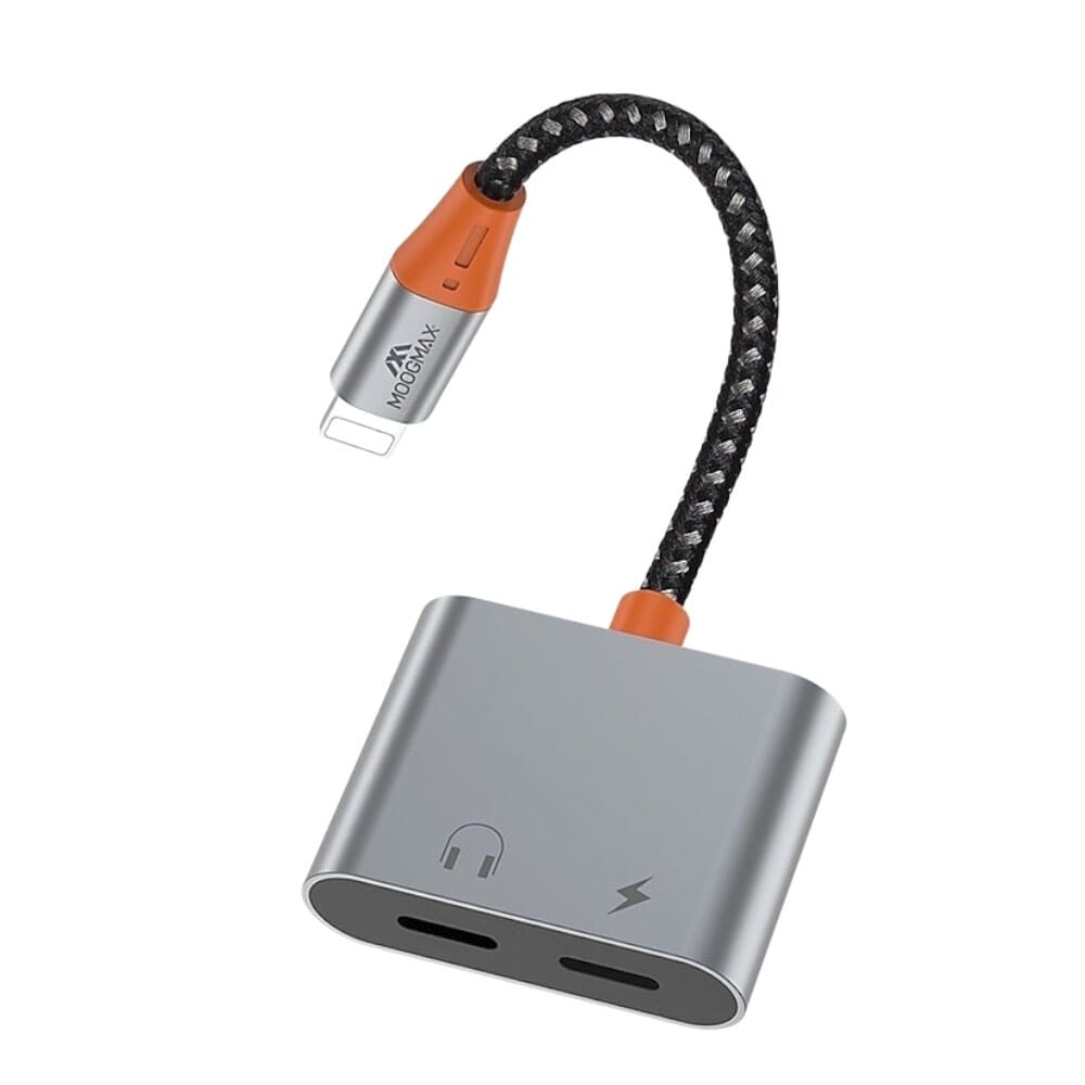 محول صوت وشحن من لايتنينج الي مدخلين لايتنينج بجودة عالية من موج ماكس، رمادي - AD005