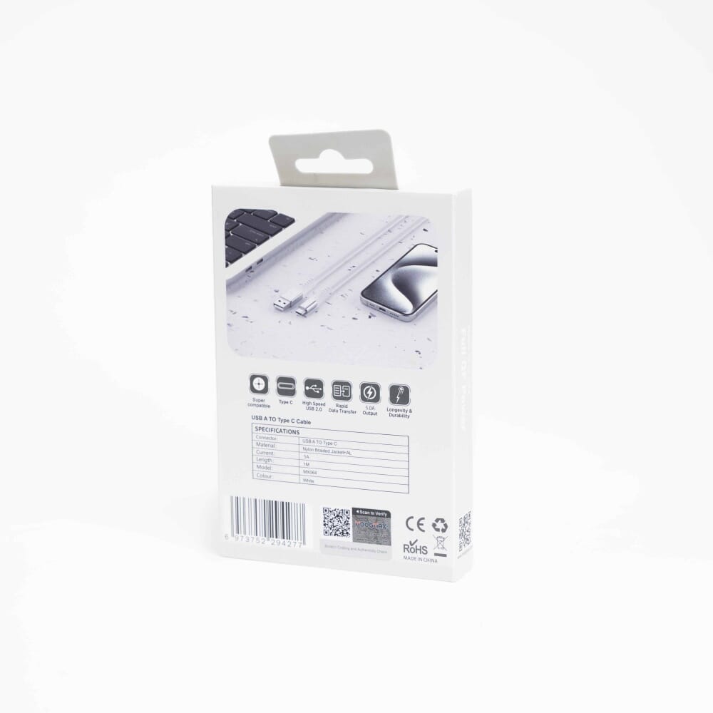 كابل موبايل قماش من USB الى تايب سي من موج ماكس، أبيض