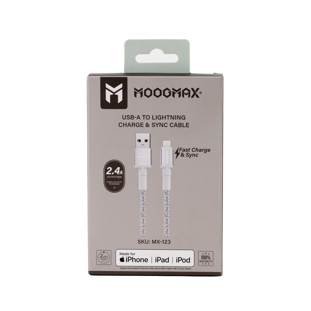 كابل موبايل قماش USB إلى Lighting من موج ماكس، أبيض