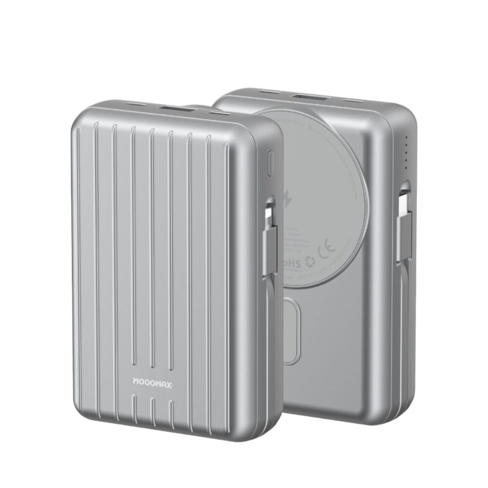 خازن طاقة 4 في 1 موج ماكس ترنك بسعة 20000 ملي أمبير وقوة 15 واط، بتوصيلتين مدمجين وشحن لاسلكي، فضي - MX219