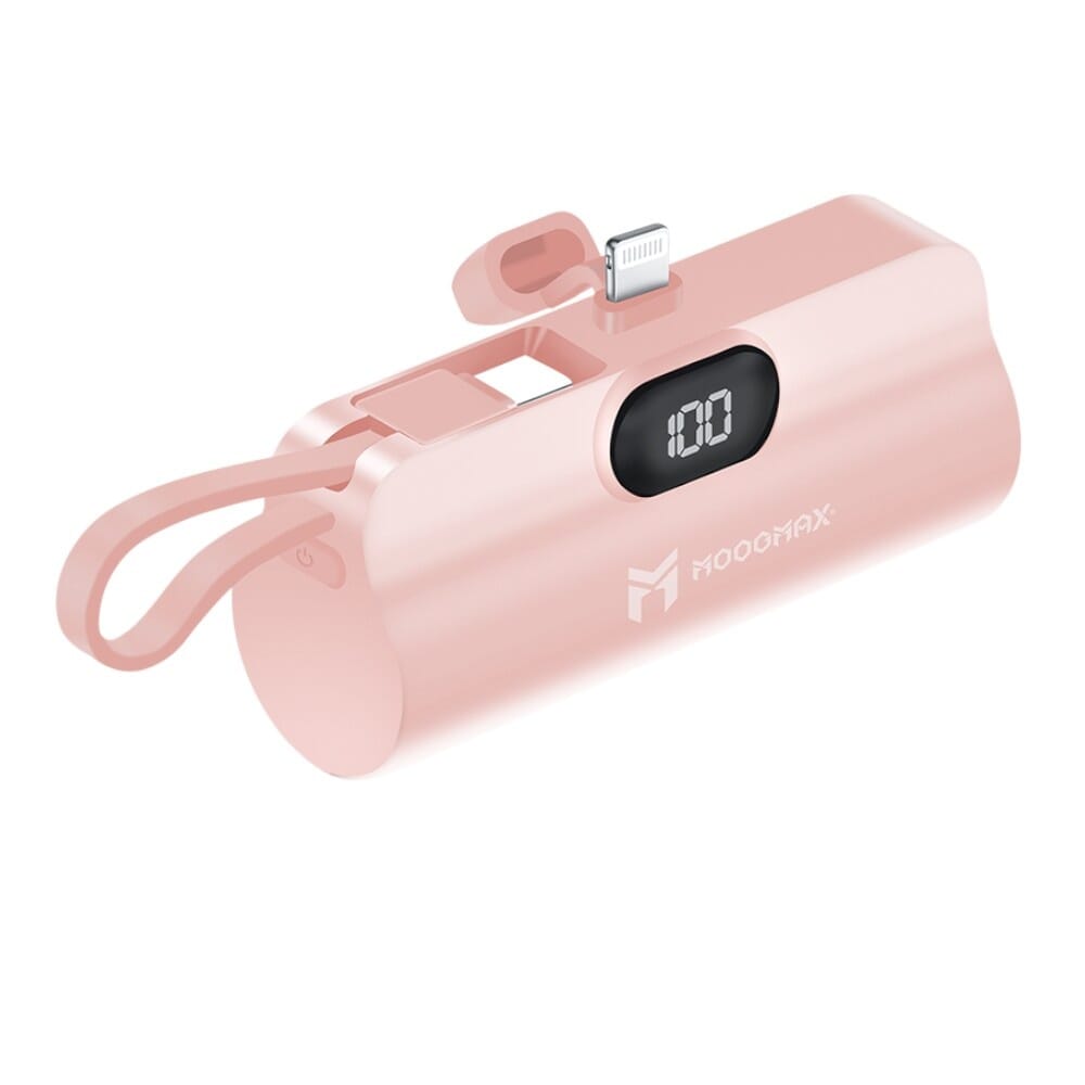 خازن طاقة سلكي موج ماكس أوكامي بمنفذ لايتنينج وتوصيلة USB-C مدمج، سعة 5000 مللي أمبير، شحن سريع، وردي - MX219