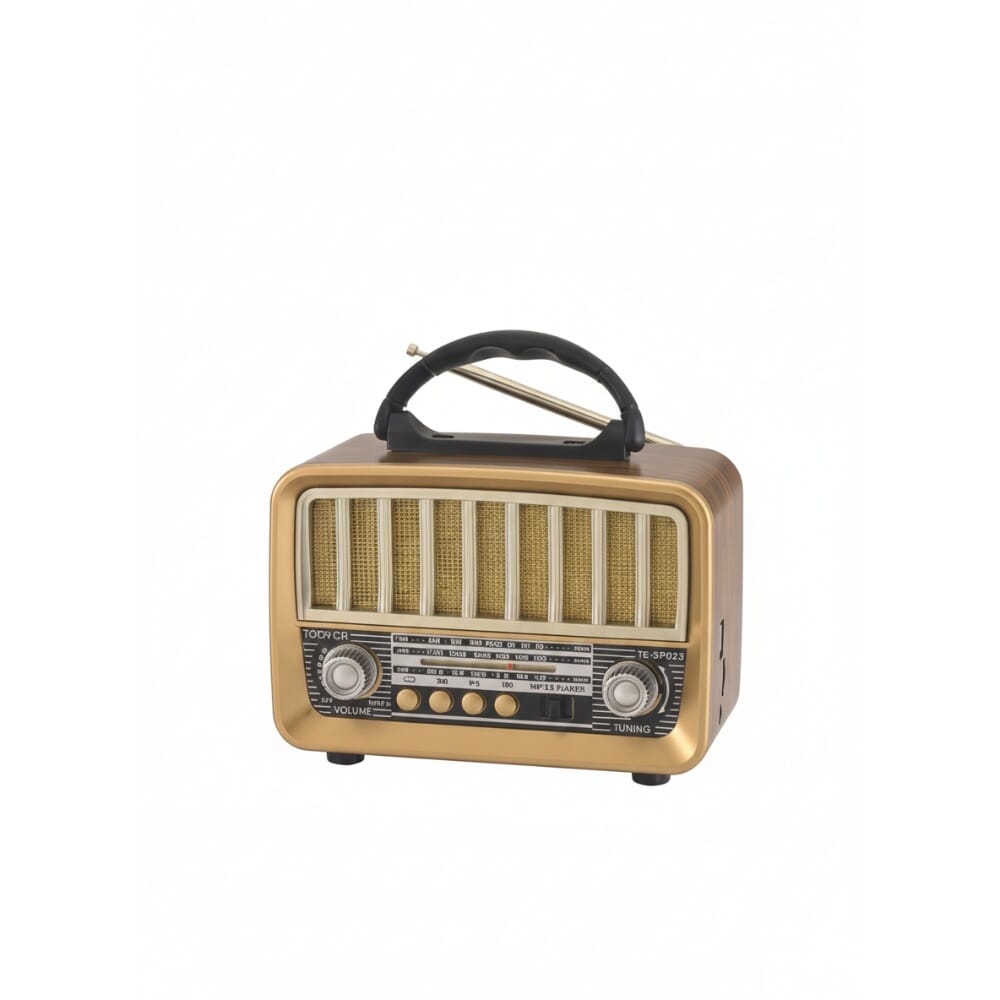 راديو كلاسيكي محمول تيمبو 5 واط، يدعم FM/AM وبلوتوث، مزود بمنفذ USB وبطاقة ذاكرة وبطارية قوية، ذهبي - TE-SP023