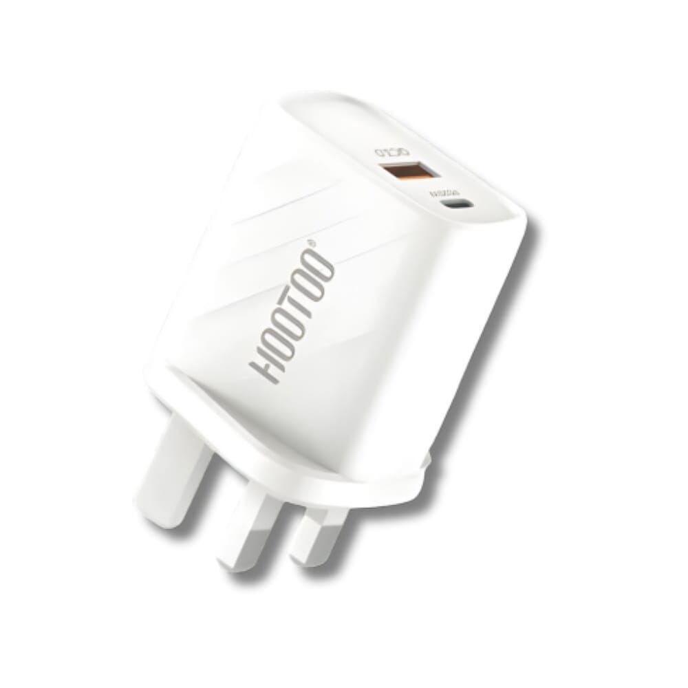 شاحن جداري من هوتو بقوة 20 واط، مزود بمنفذين شحن USB-C PD + USB-A QC3.0 فائق السرعة، أبيض - MX21