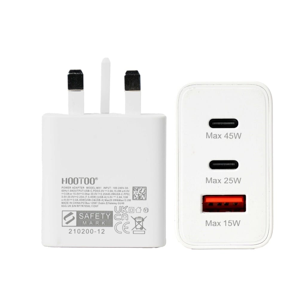 شاحن جداري 3 في 1 هوتو بقوة 45 واط، مزود بـ 3 منافذ شحن 2xUSB-C + USB-A مع توصيلة تايب سي الي تايب سي، فائق السرعة، أبيض - MX1