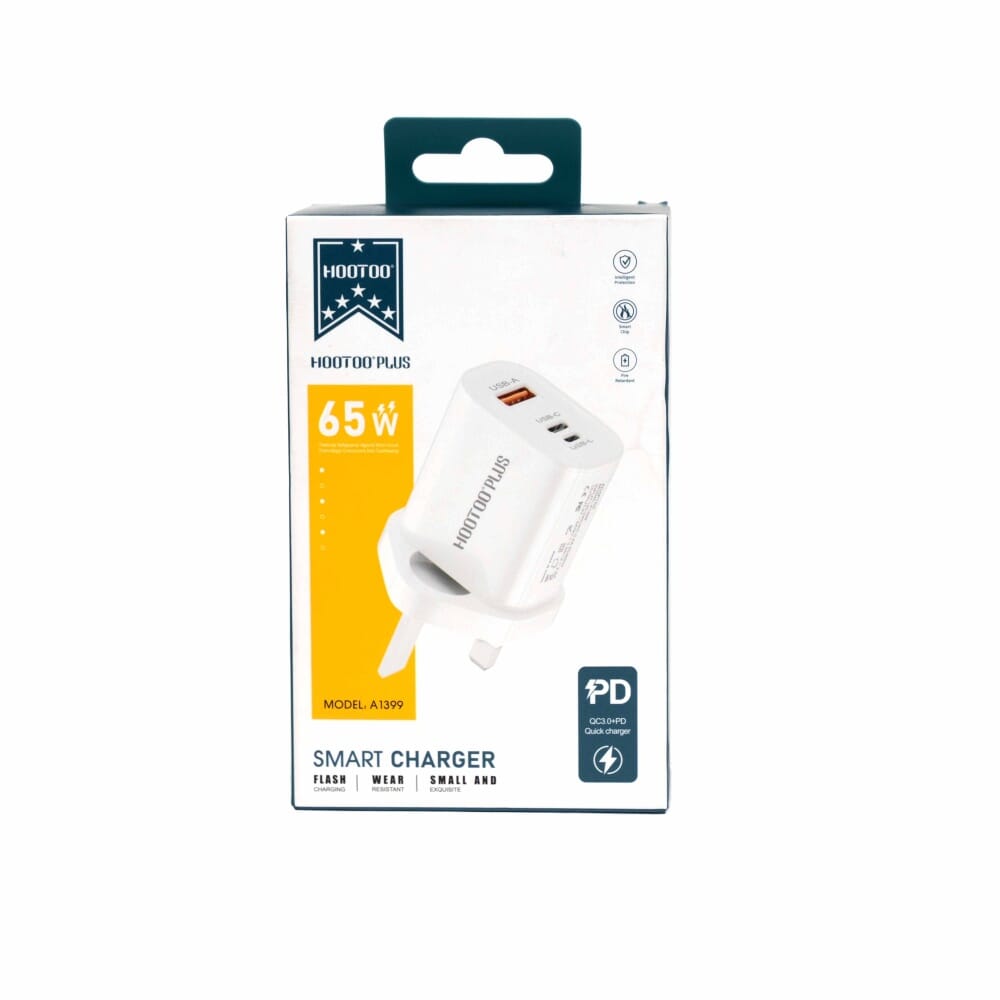 شاحن جداري سريع 3 في 1 من هوتو بقوة 65 واط، مزود بـ 3 منافذ شحن ذكية تدعم تقنية PD وQC للشحن السريع للأجهزة المتعددة، ابيض - A1399