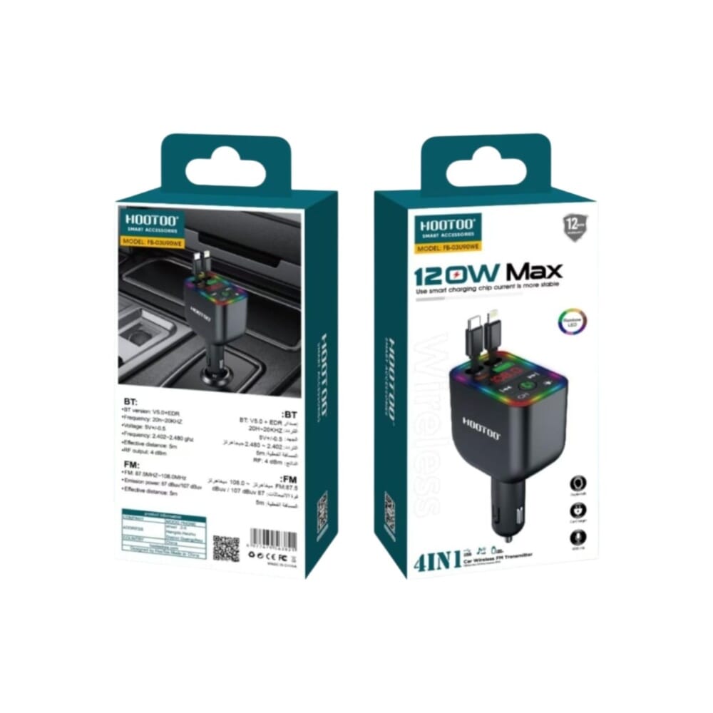 مشغل MP3 للسيارة 4 في 1 هوتو بقوة 120 واط، بلوتوث مع توصيلةين مدمجين وشحن سريع، أسود - FB-03U90WE