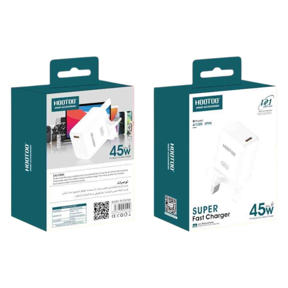 شاحن جداري هوتو بقوة 45 واط، منفذ واحد USB-C يدعم تقنية PD للشحن فائق السرعة، أبيض - A1399