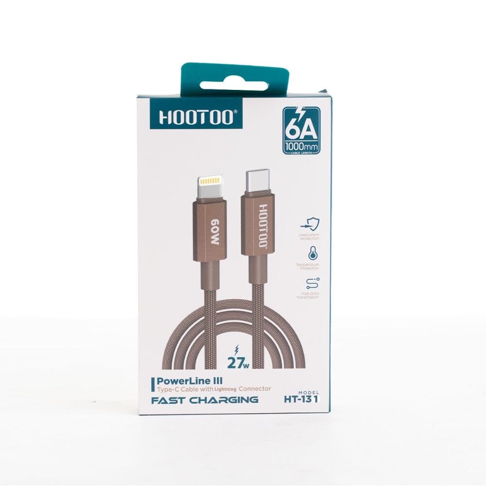 كابل شحن سريع HooToo من Type-C إلى Lightning بقوة 27 وات و6 أمبير , كابل مجدول بطول 1 متر , بني