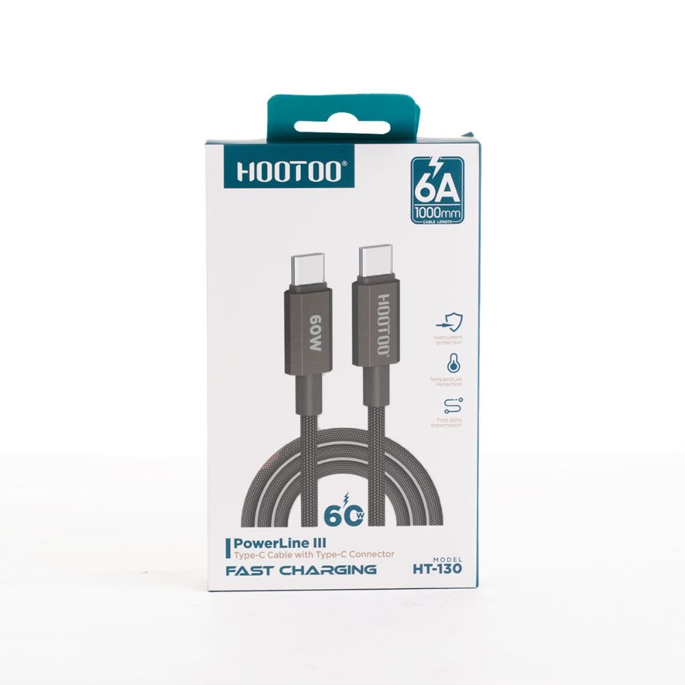 كابل شحن ونقل بيانات تايب سي إلى تايب سي من هوتو سلك قماشي نايلون مضفر قوي بلون بني أنيق، يدعم الشحن السريع بقوة 60 واط - HT-130