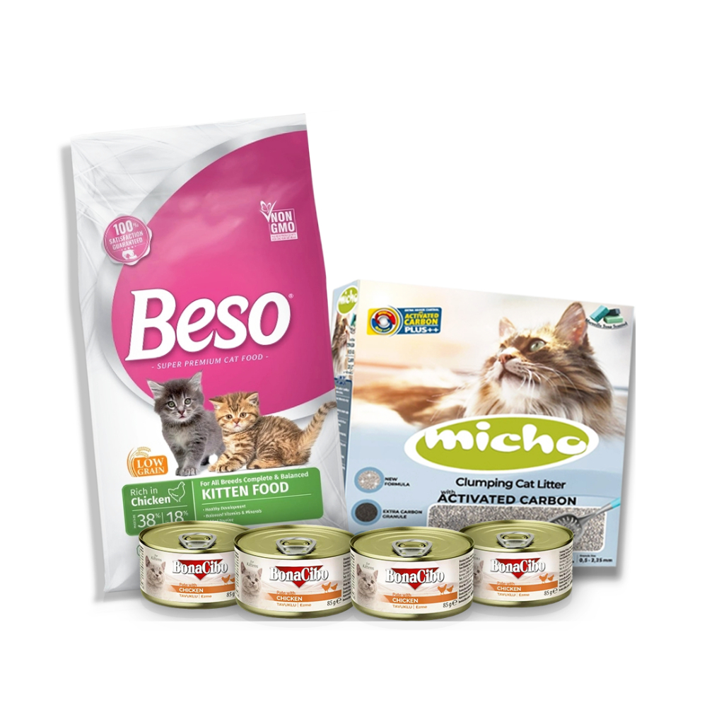 باكج للقطط الصغيرة رمل ميشو 5 كيلو + بيسو كتن 1 كيو + معلبات بوناسيبو كتن 85 جرام 4 علب