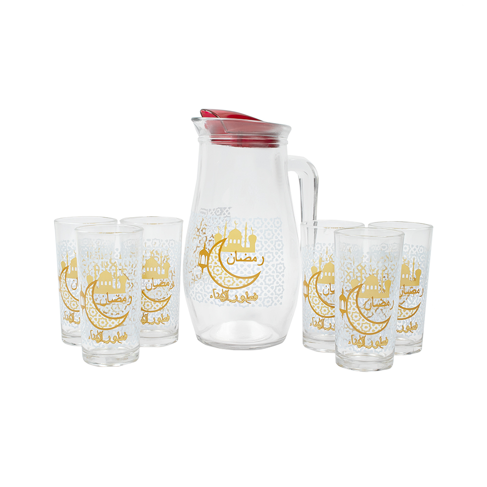 جاك زجاجي وستة كاسات بنقوش وعبارة رمضان كريم