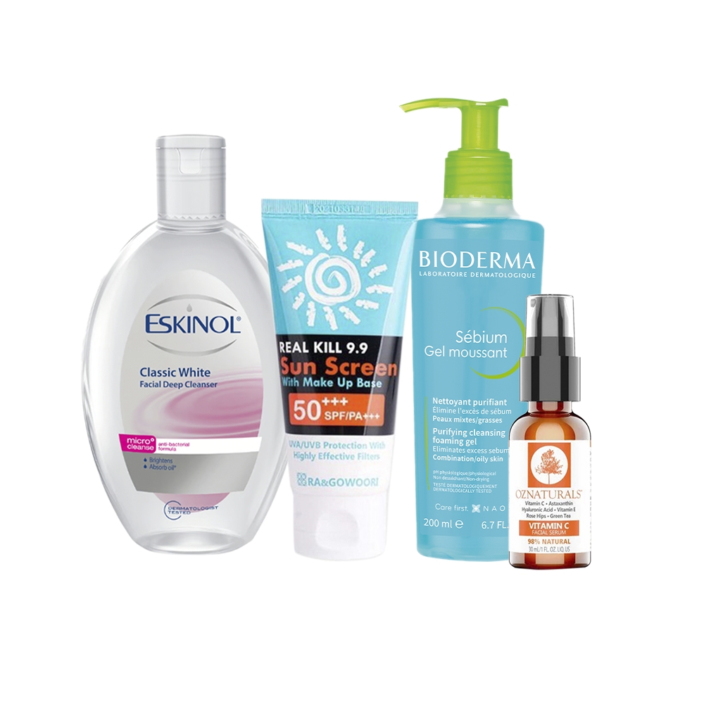 باكج 4*1 من غسول بايوديرما الازرق وأسكينول و فيتامين سي وواقي الشمس الكوري