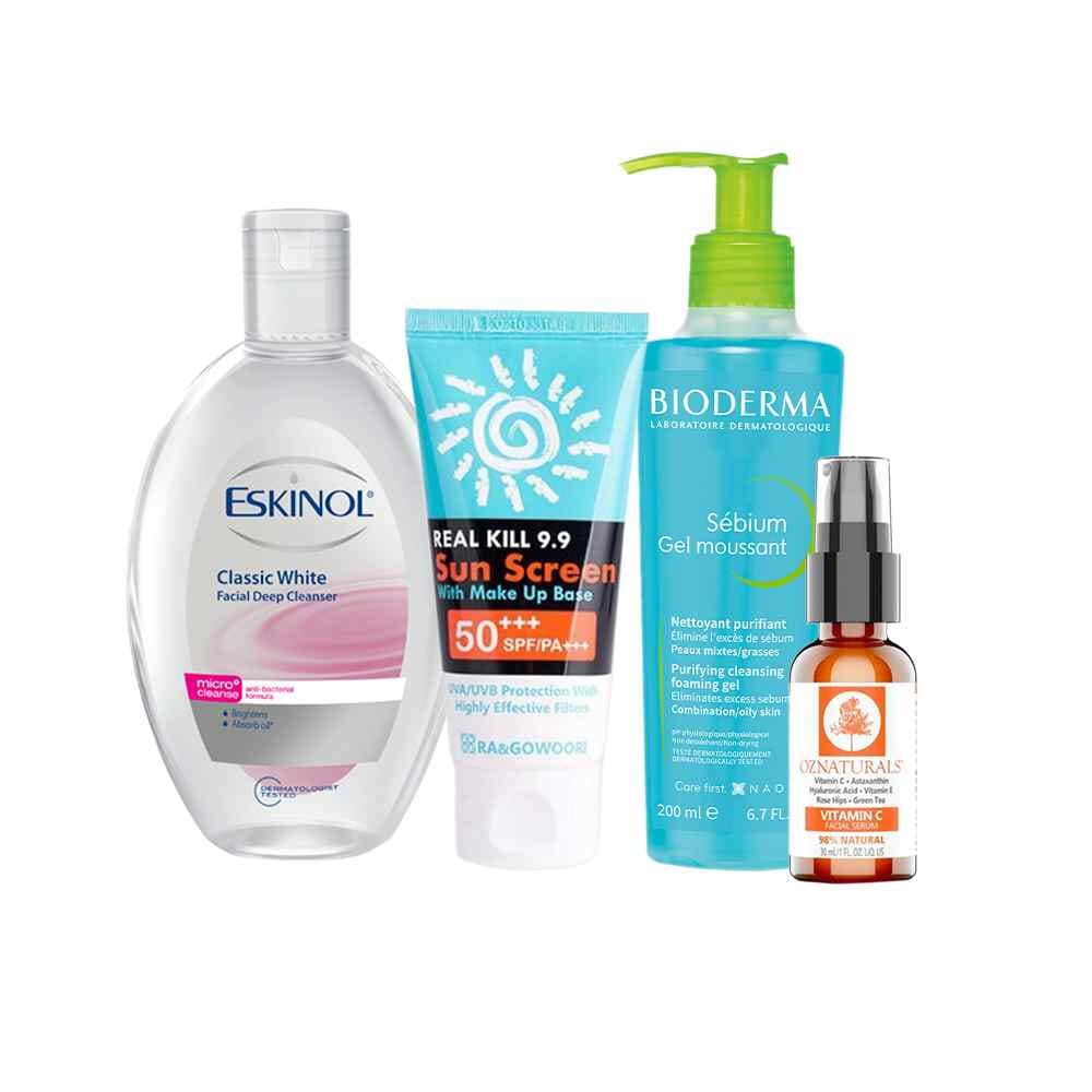 باكج 4*1 من غسول بايوديرما الازرق وأسكينول و فيتامين سي وواقي الشمس الكوري