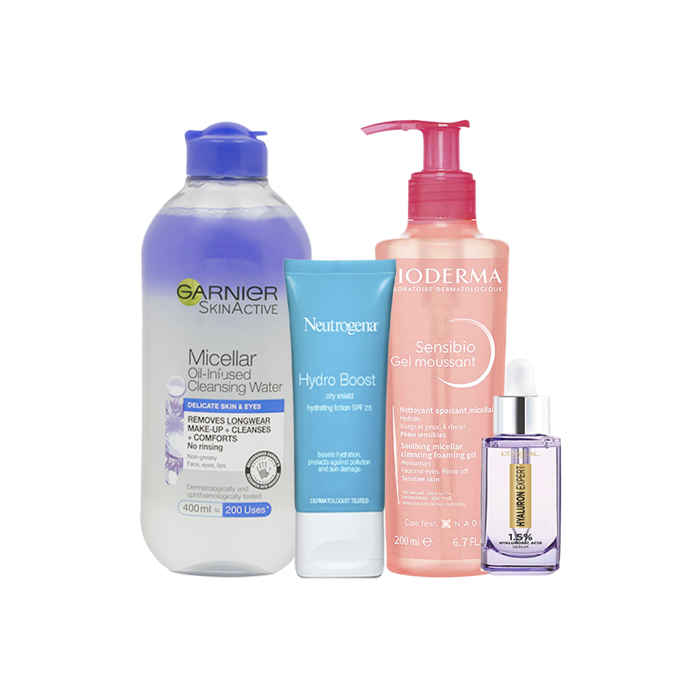 باكج4*1 من غسول بيوديرما الوردي ومزيل مكياج من غارنية وسيروم هالورنيك من لوريال ولوشن مرطب من نيتروجينا