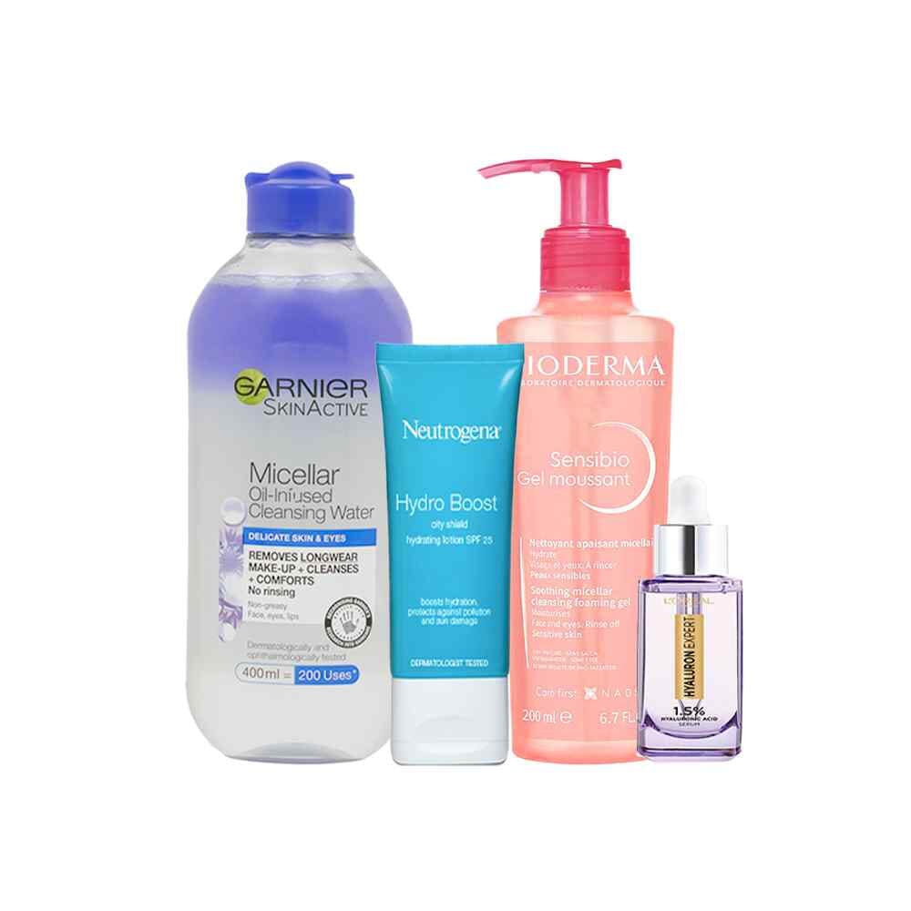 باكج4*1 من غسول بيوديرما الوردي ومزيل مكياج من غارنية وسيروم هالورنيك من لوريال ولوشن مرطب من نيتروجينا