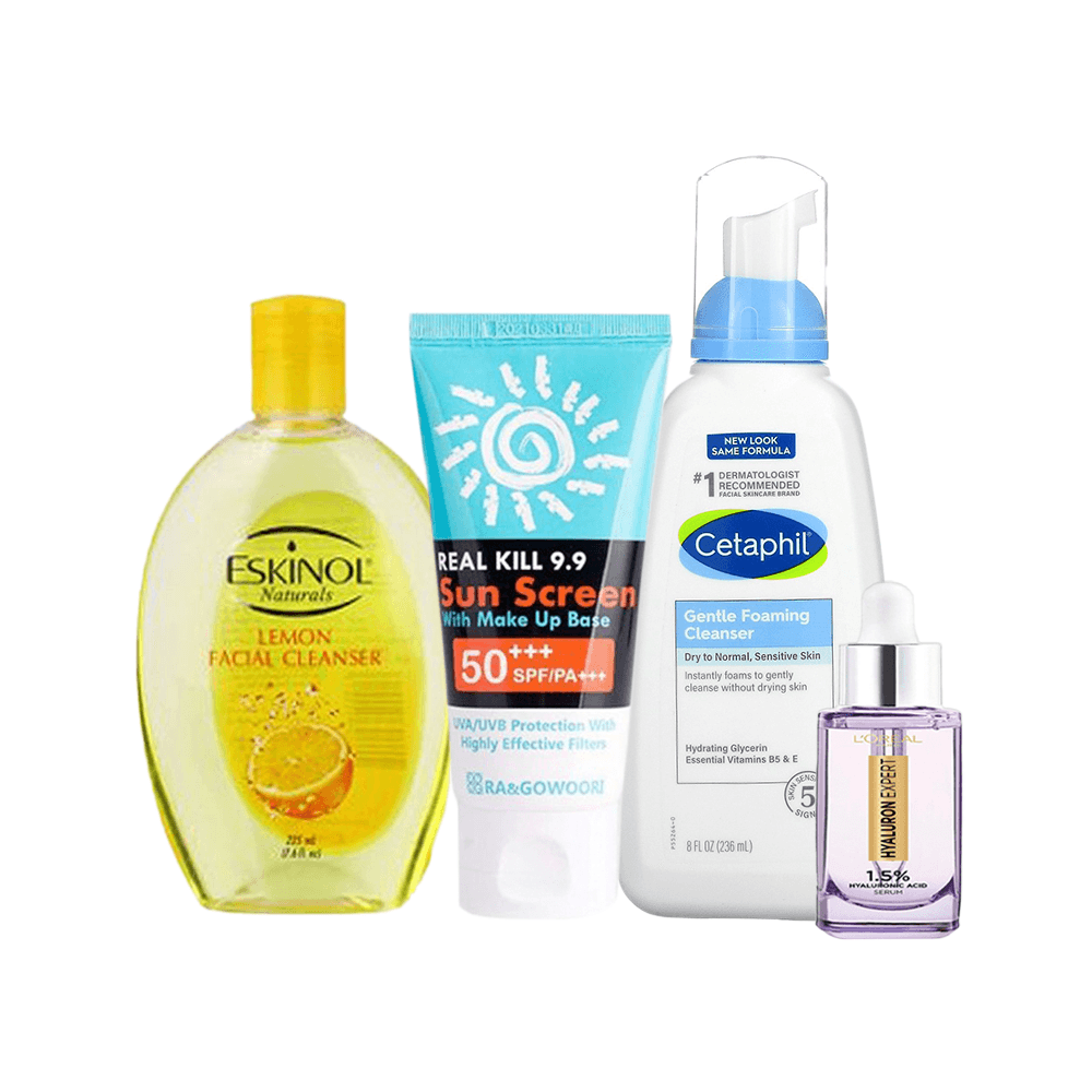 باكج 4*1 من غسول سيتافيل واسكينول وسيروم هالورنيك من لوريال وواقي الشمس الكوري