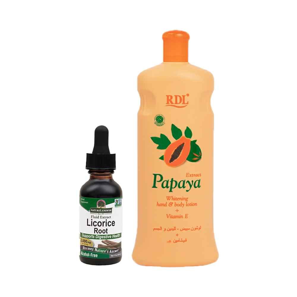 باكج ترطيب وتفتيح الجسم مكونة من عرق السوس 30 مل ولوشن البابايا 600 مل