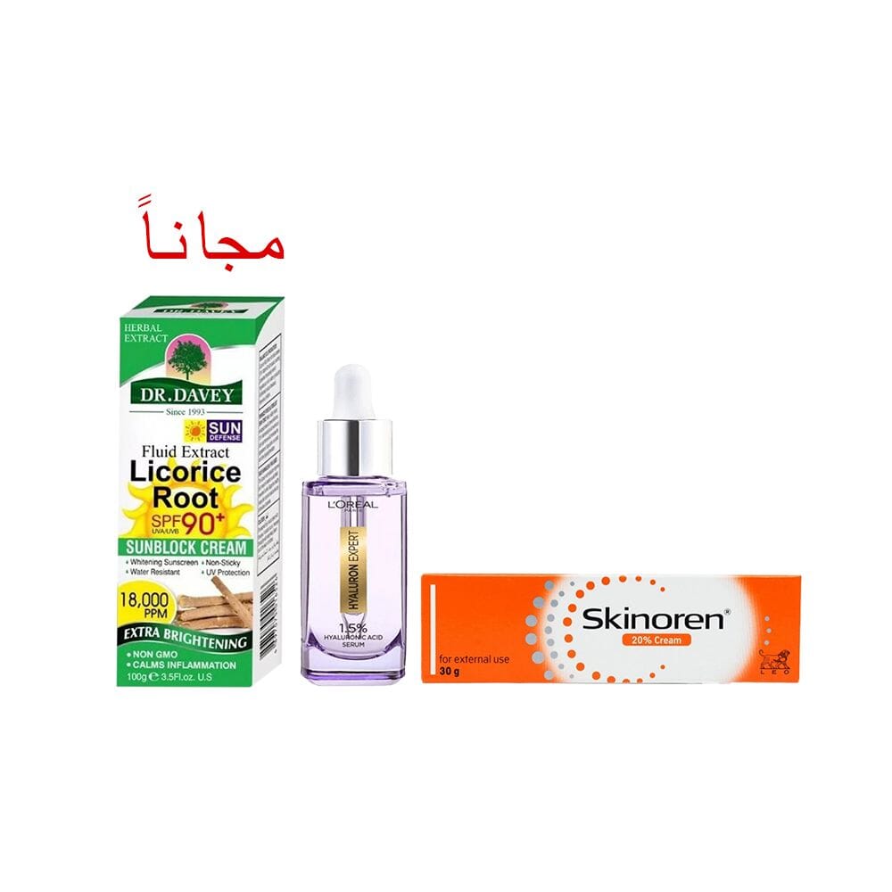باكج فعالة للجمال والعناية بالبشرة من سكينورين كريم للتبيض وعلاج الكلف وحب الشباب 30 جم و سيروم لوريال بالهيالورونيك أسيد 15 مل و كهدية مجانية - واقي شمس دكتور ديفي بعرق السوس 100 جم