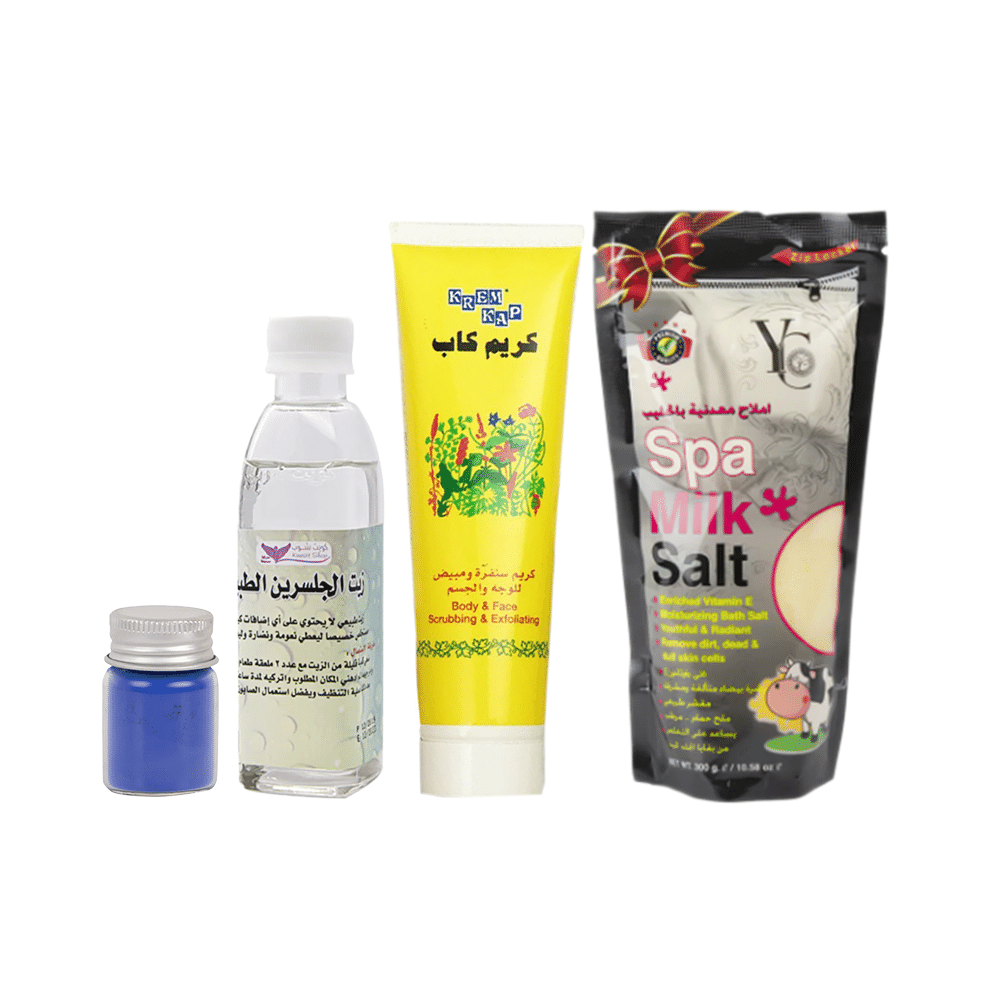 باكج 4 في 1واي سي مقشر بالاملاح المعدنية بالحليب 300 جم،مقشر وسكراب للوجه والجسم 150 جم ،كويت شوب زيت الجلسرين الطبيعي 190 مل والنيلة الزرقاء لتفتيح وترطيب البشرة