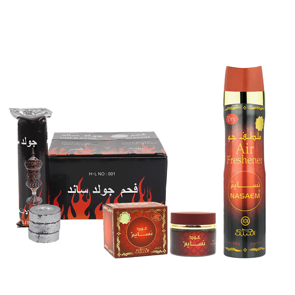 باكج 3×1 من النبيل بخور عود نسايم 60 جم و سبراي ملطف جو نسائم 300 مل وجولد ساند فحم سريع الاشتعال -80 قطعة