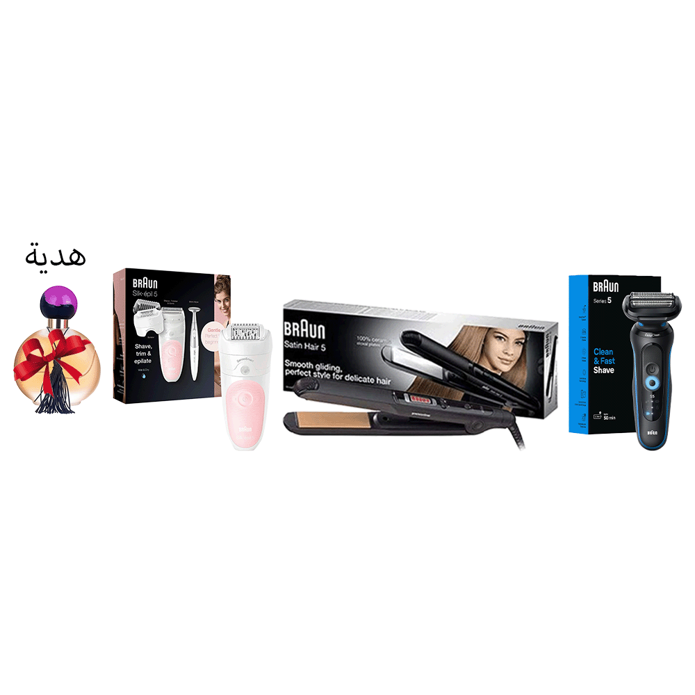 باكج براون 4×1 ماكينة حلاقة كهربائية للإستخدام الرطب والجاف للرجال وآلة إزالة الشعر سيلك-إبيل5 للنساء مع مكواة فرد الشعر قوة 170 واط وأفون عطرنسائي مجاني 50 مل