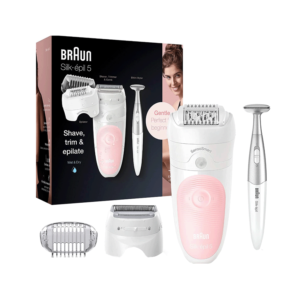 باكج براون 4×1 ماكينة حلاقة كهربائية للإستخدام الرطب والجاف للرجال وآلة إزالة الشعر سيلك-إبيل5 للنساء مع مكواة فرد الشعر قوة 170 واط وأفون عطرنسائي مجاني 50 مل