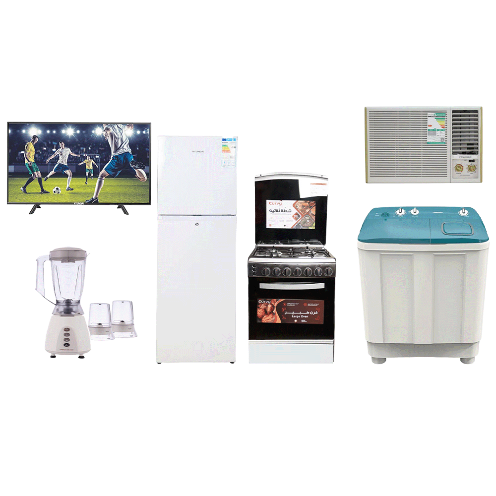  باكج تورنادو غسالة 12 كجم  + كارفي طباخة 4 شعلات + هيونداي ثلاجة ثلج قائم + هايسنس مكيف شباك طن ونص + تورنيدو خلاط بقوة500 وات + هيونداي تلفزيون 40 بوصة بقوة 74 وات  