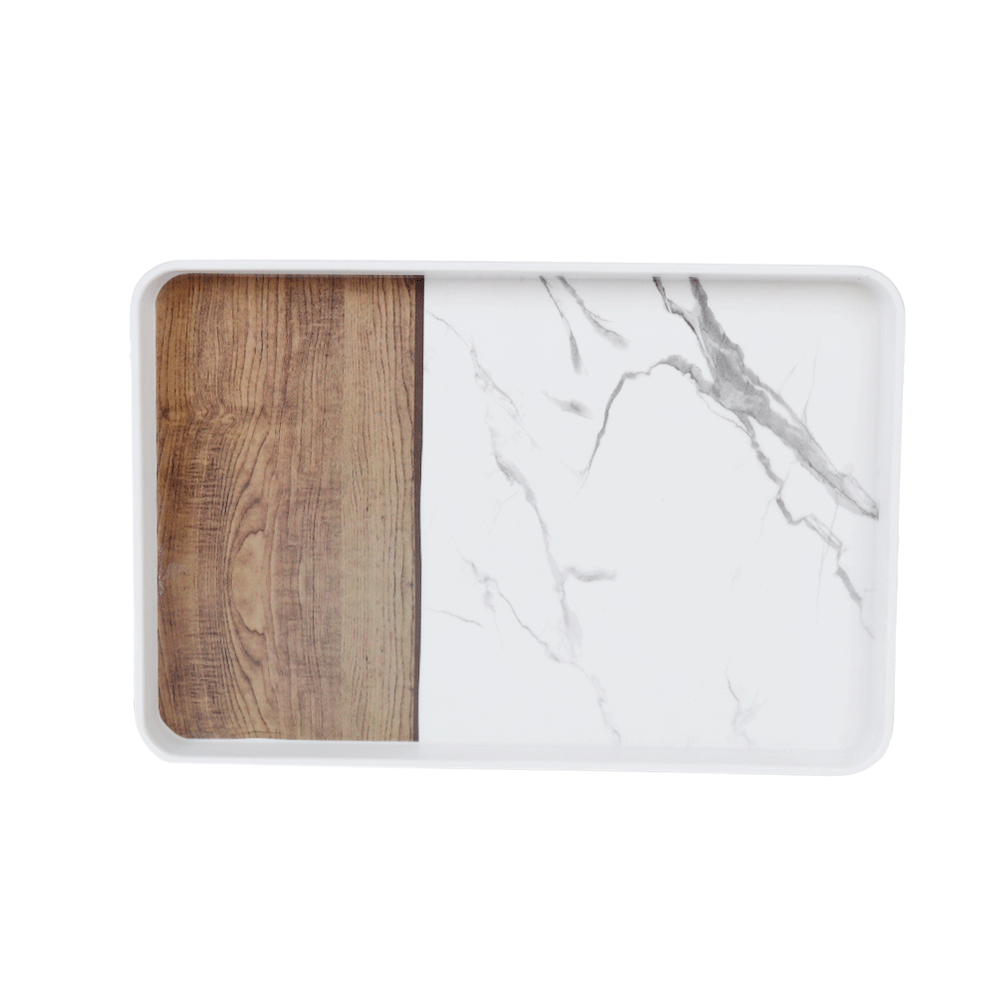 معشرة تقديم مستطيلة من الميلامين بتصميم رخامي وخشب - موديل AL10150
