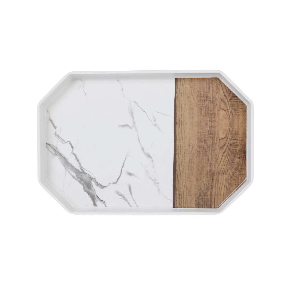 معشرة تقديم مستطيلة من الميلامين بتصميم رخامي وخشب - موديل AL10144