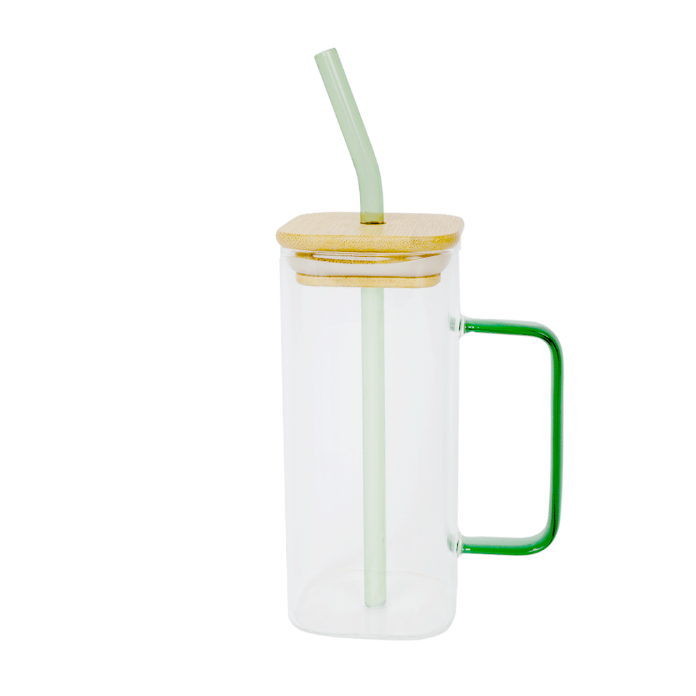 كوب زجاجي شفاف مربع مع غطاء خشبي وشاليميو - 400 مل