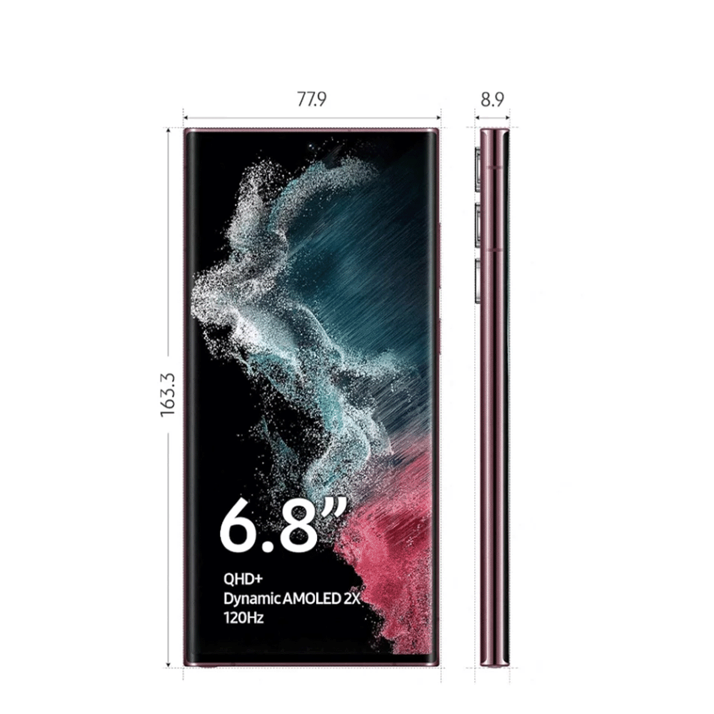 باكج سامسونج S22 الترا جوال بذاكرة عشوائية 12 جيجابايت وذاكرة داخلية 512 جيجابايت نظام مجدد وكالة مع شاحن تايب سي قوة 45 واط