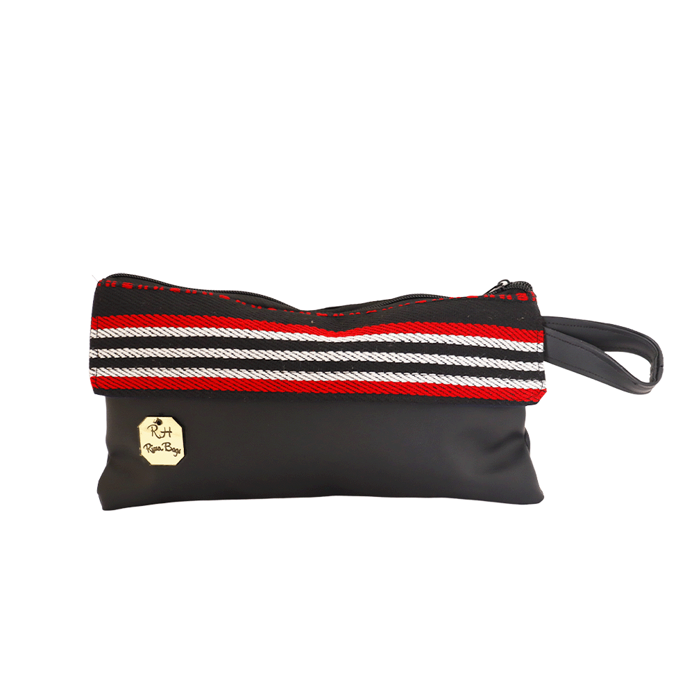 ريما باج محفظة جلد اسود قماشي بخطوط حمراء وبيضاء وسوداء