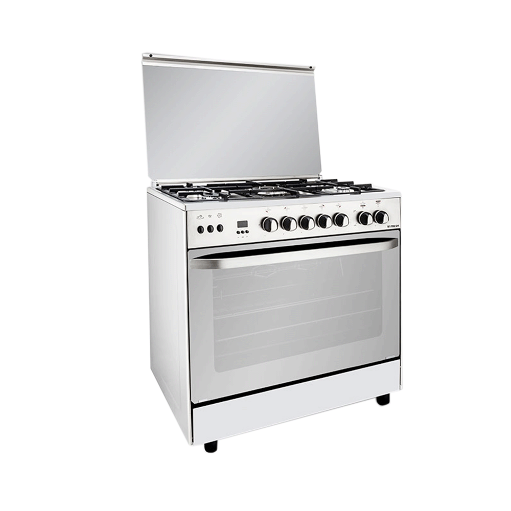 فريش طباخة غاز 5 شعلات قوة 60 واط و مقاس 60×90 سم مطورة مع فرن مدمج وتقنية هامر ديجيتال - فضي