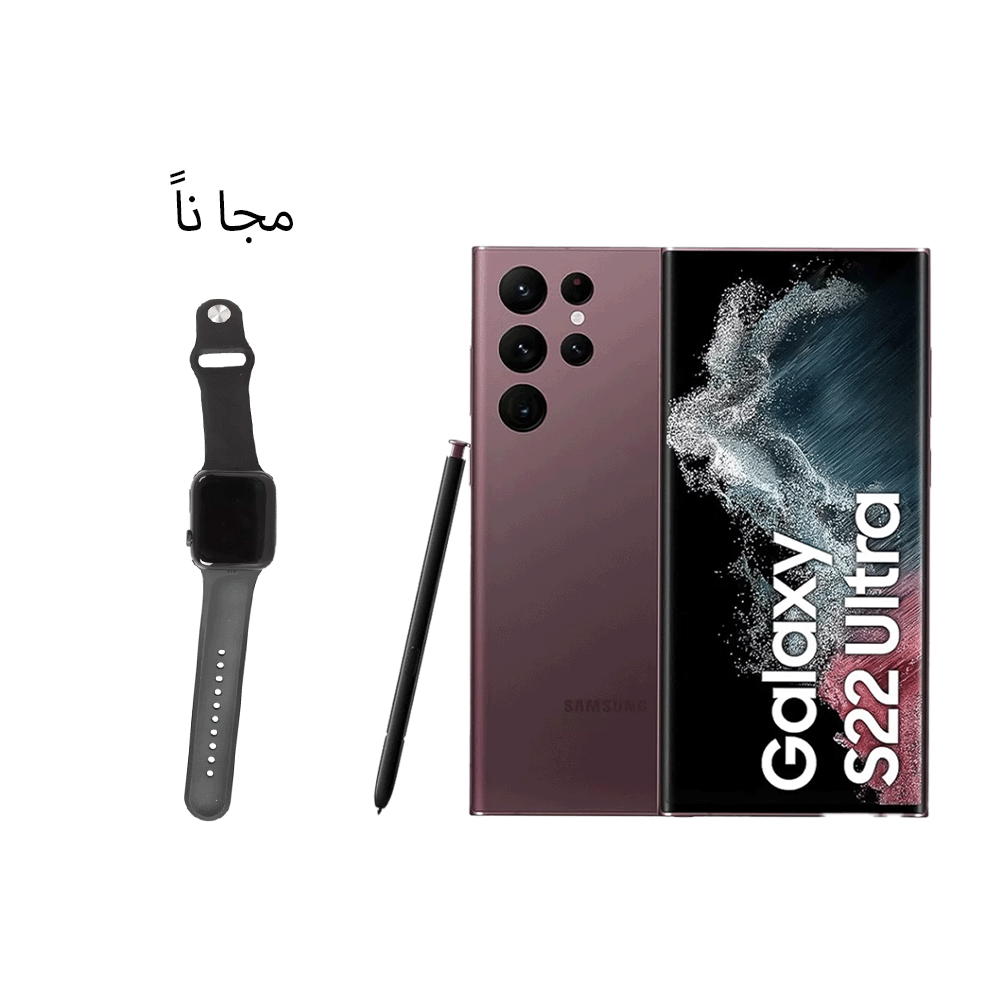 باكج سامسونج S22 الترا جوال بشريحتين اتصال بذاكرة عشوائية 12 جيجابايت وذاكرة داخلية 512 جيجابايت نظام- مجدد وكالة مع سيريس ساعة بشاشة لمس كهدية مجانية