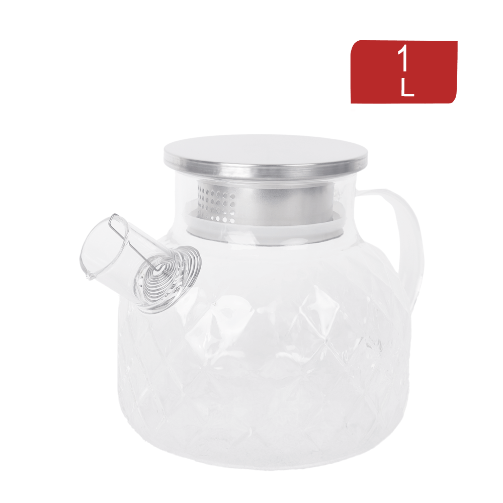إبريق شاي زجاجي شفاف سعة 1 لتر بغطاء استانلس ستيل فضي - موديل SH199