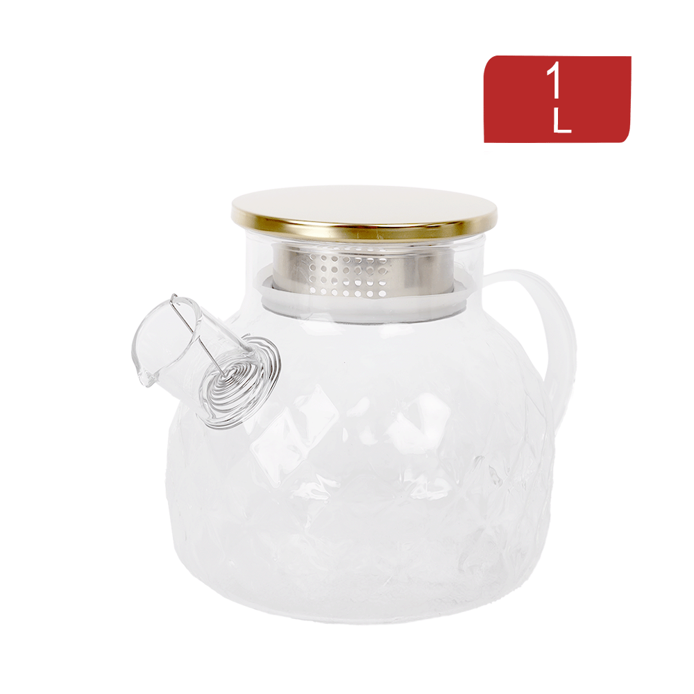 إبريق شاي زجاجي شفاف سعة 1 لتر بغطاء استانلس ستيل ذهبي - موديل SH200