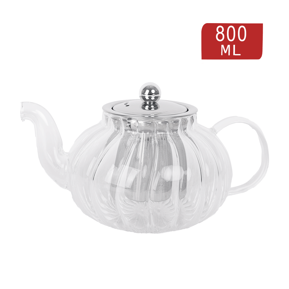 إبريق شاي تي بوت زجاجي شفاف مع مصفاة و غطاء ستانلس ستيل فضي سعة 800 مل - موديل SH201