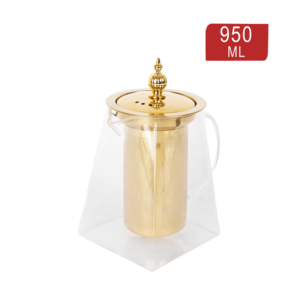 إبريق شاي شابين زجاجي شفاف مع مصفاة و غطاء ستانلس ستيل ذهبي سعة 950 مل - موديل SH207