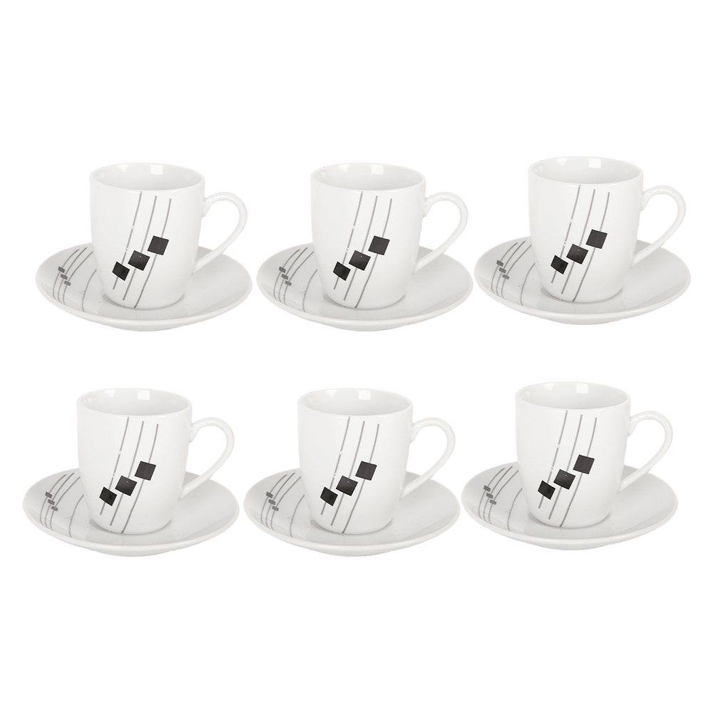 طقم شاي سرميك منقوش 6 أكواب مع 6 سياسر ابيض - 12قطعة