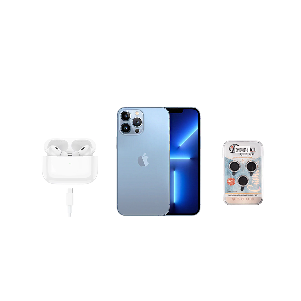 باكج آيفون 13برو ماكس مجدد وكالة بلأضافة الى سماعات مع حماية الكاميرا