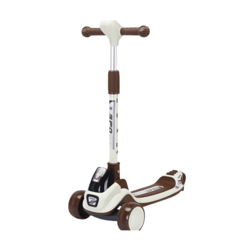سكوتر ثلاثي العجلات قابل للطي بمقبض مريح وقاعدة غير قابلة للإنزلاق موديل 5569 – بني