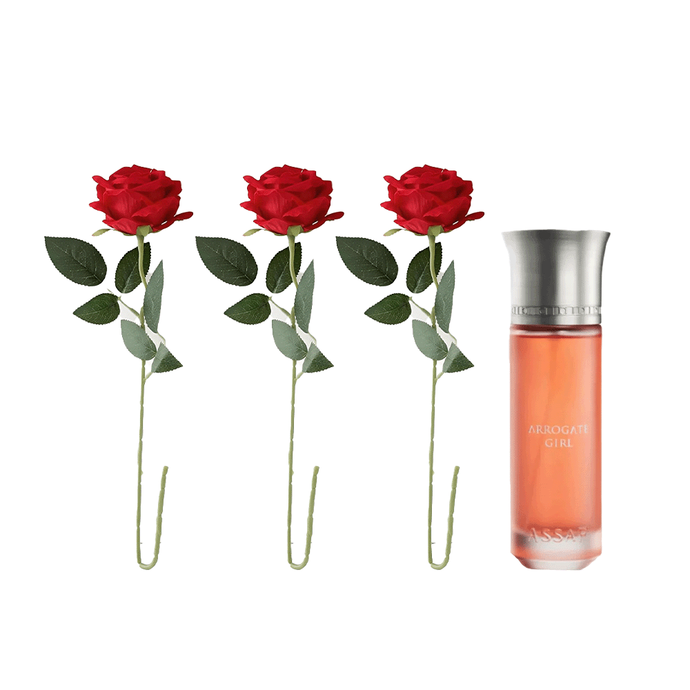 باكج عطر اروقيت قيرل من عساف للنساء 200 مل مع 3 ورود صناعية حمراء 
