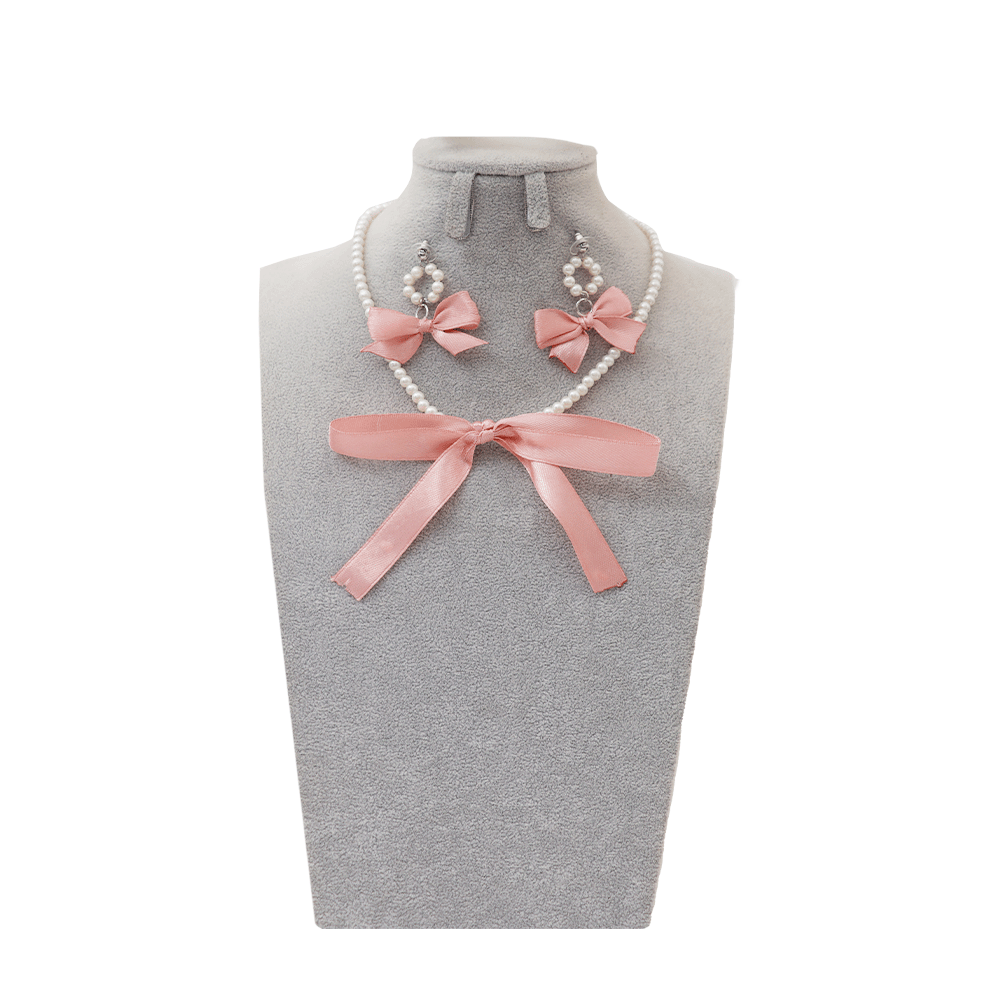 طقم إكسسوار جاسمين عقد لؤلؤي مع حلق أذن بشريطة - وردي