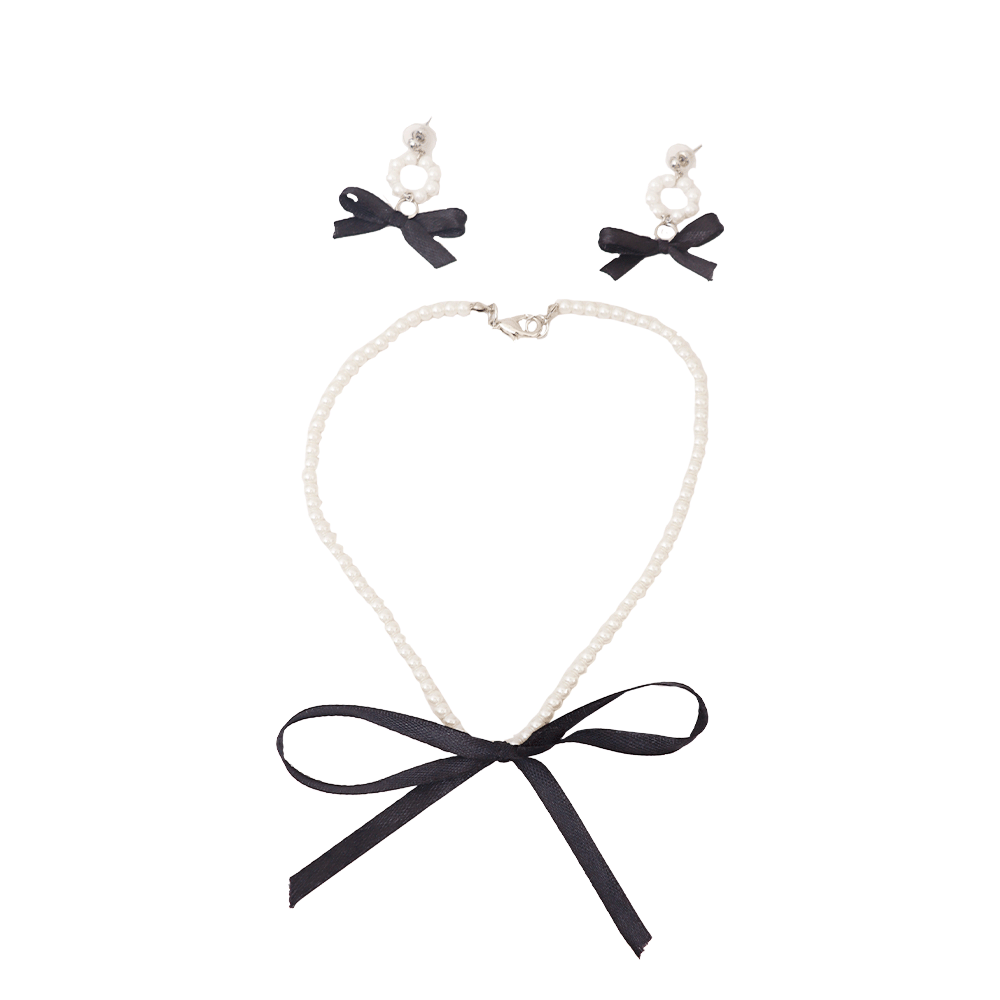 طقم إكسسوار جاسمين عقد لؤلؤي مع حلق أذن بشريطة - أسود