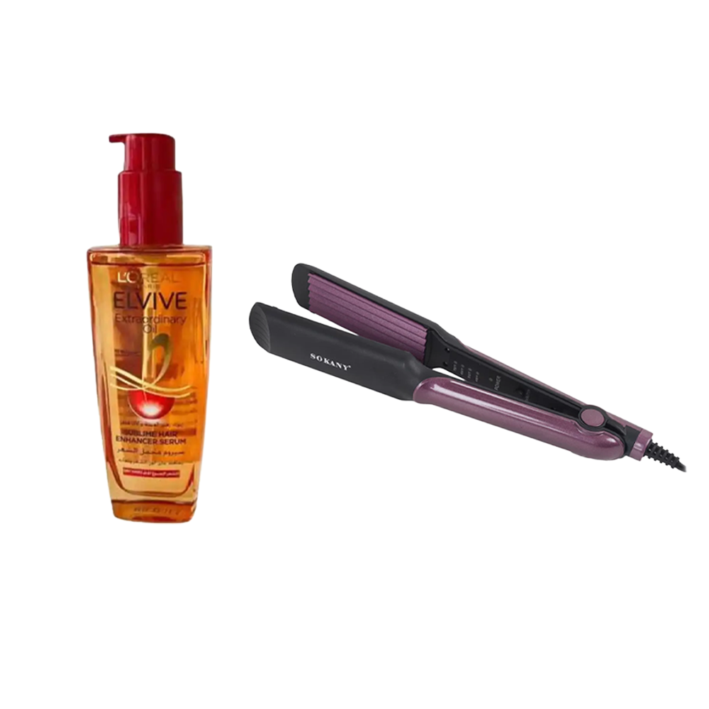 باكج 2×1 من مكواة شعر سوكاني بقوة 40 واط مع سيروم لوريال باريس المجمل للشعر