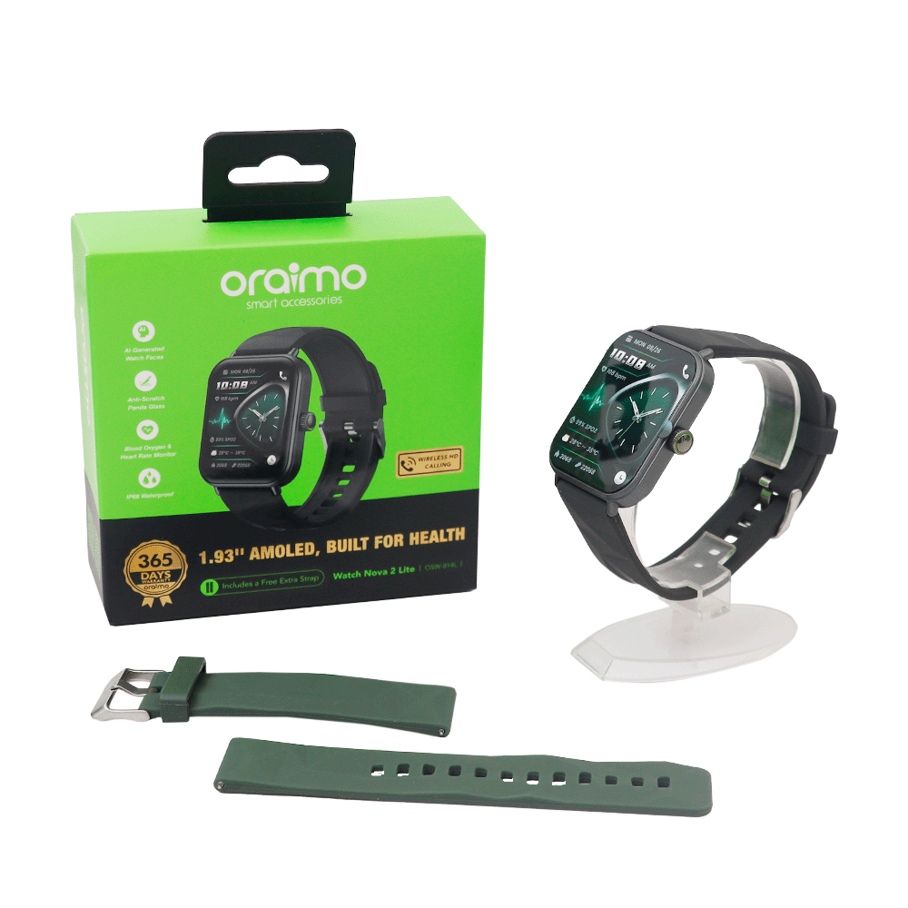 ساعة ذكية من أورايمو بشاشة 1.93 بوصة مع مكالمات عالية الدقة وسعة 300 ملي أمبير موديل OSW‑814L -أسود
